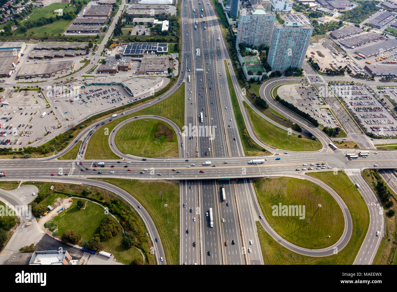 An aerial view of highway 401 and Progress ave in Scarbourgh, Toronto, Canada Stock Photo