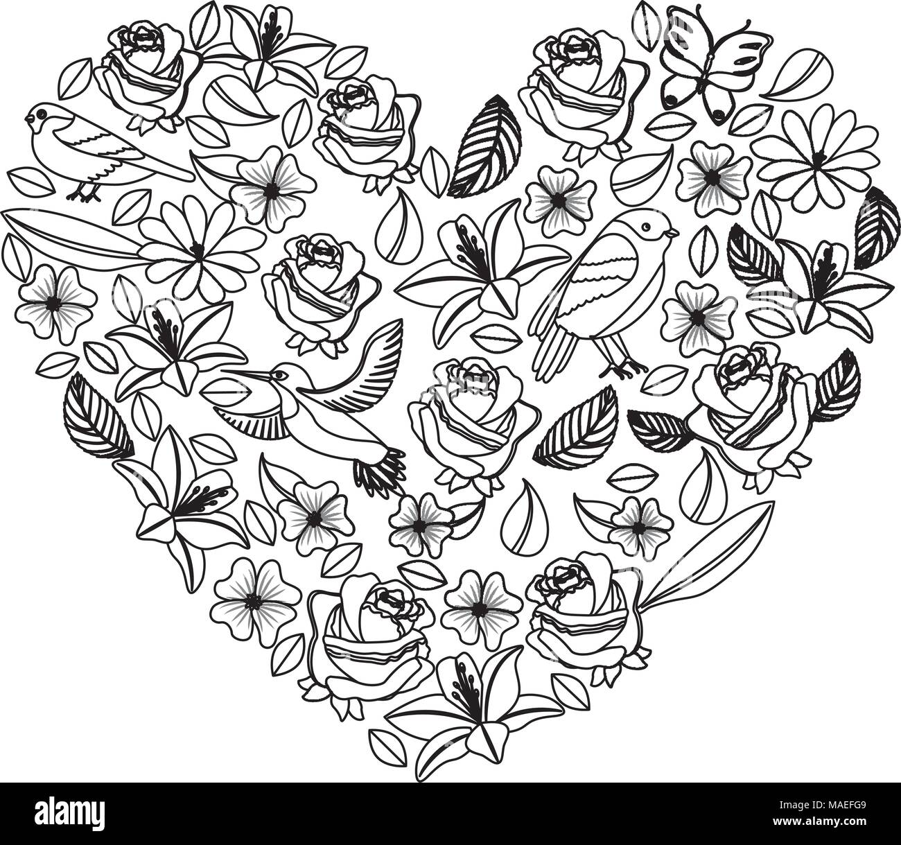 natural heart pattern with flowers and birds butterflies leaves vector illustration Stock Vector