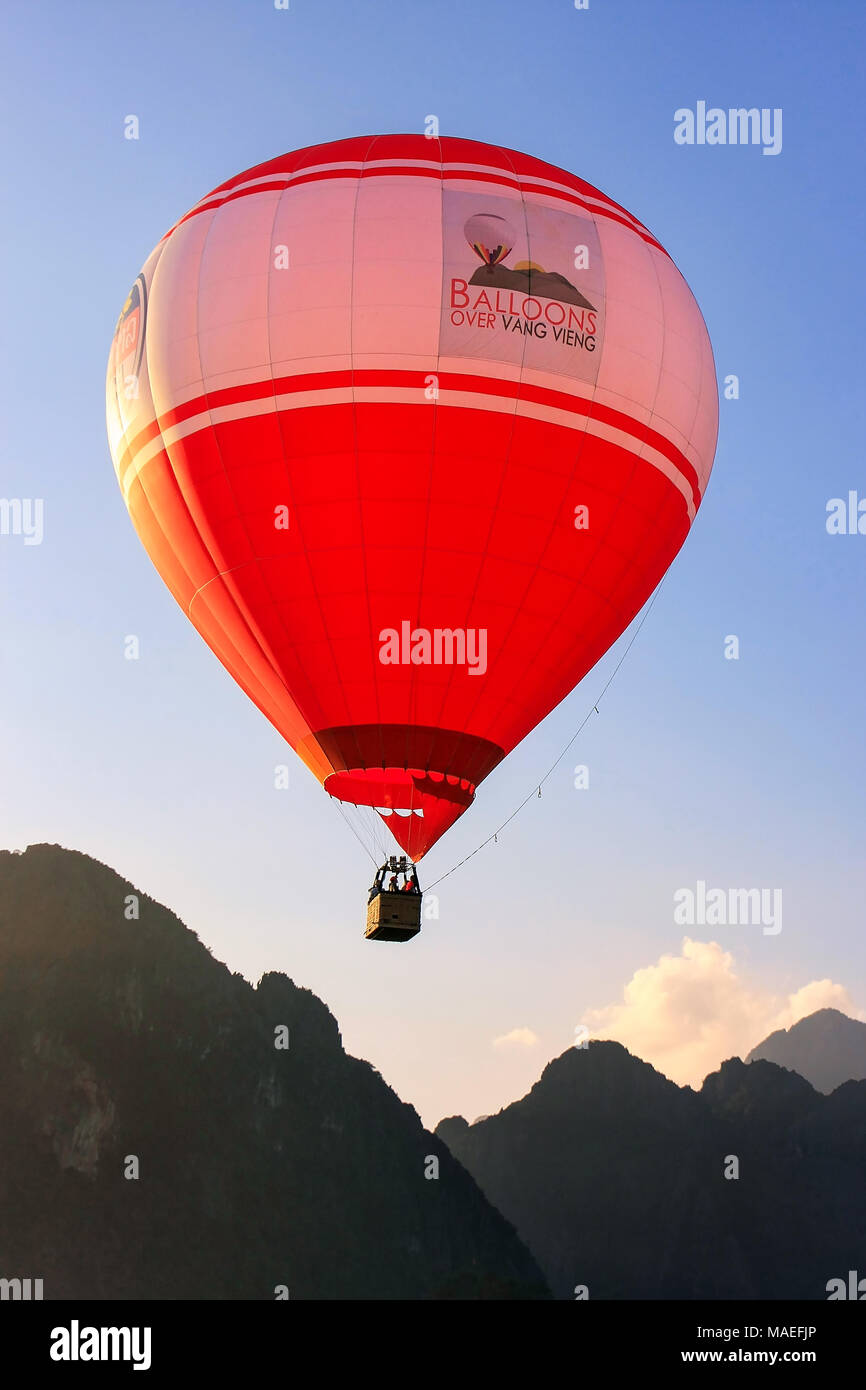 Hot air balloon flying in Vang Vieng, Vientiane Province, Laos. Vang
