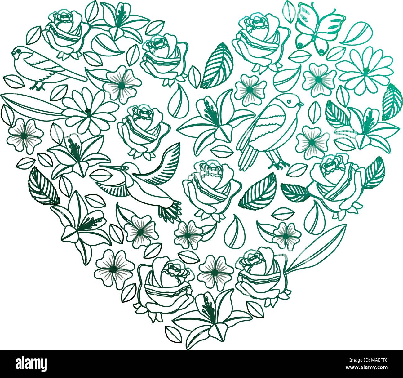 natural heart pattern with flowers and birds butterflies leaves vector illustration degraded color green Stock Vector