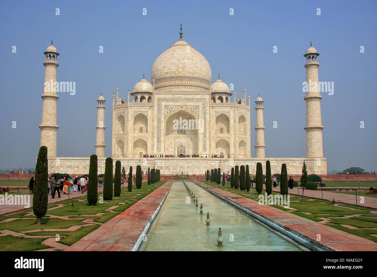 Taj Mahal with reflecting pool in Agra, Uttar Pradesh, India. It was build in 1632 by Emperor Shah Jahan as a memorial for his second wife Mumtaz Maha Stock Photo