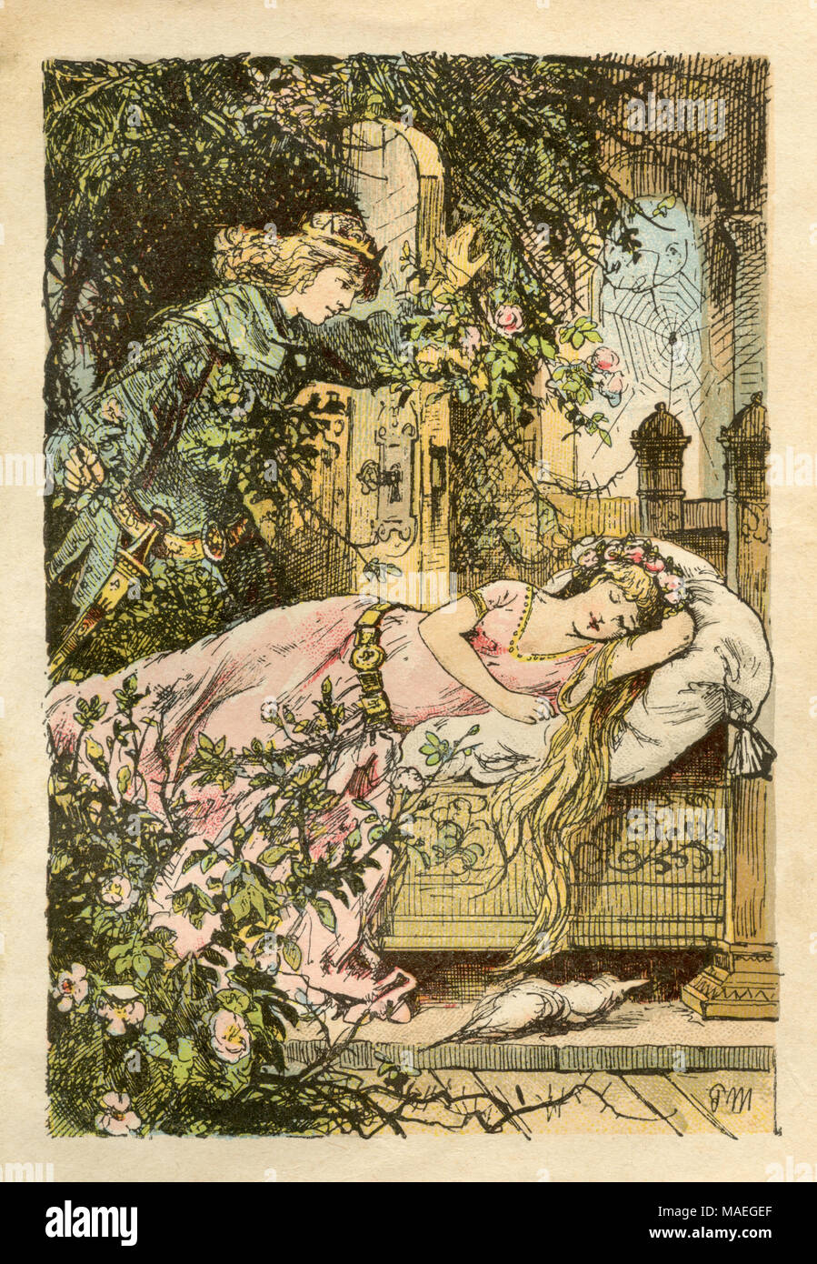 Sleeping Beauty. The Prince comes through the thorn hedge and finds the sleeping girl. Grimm's Fairytales, Paul Meyerheim, created 1870 (ca.), published 1907 Stock Photo