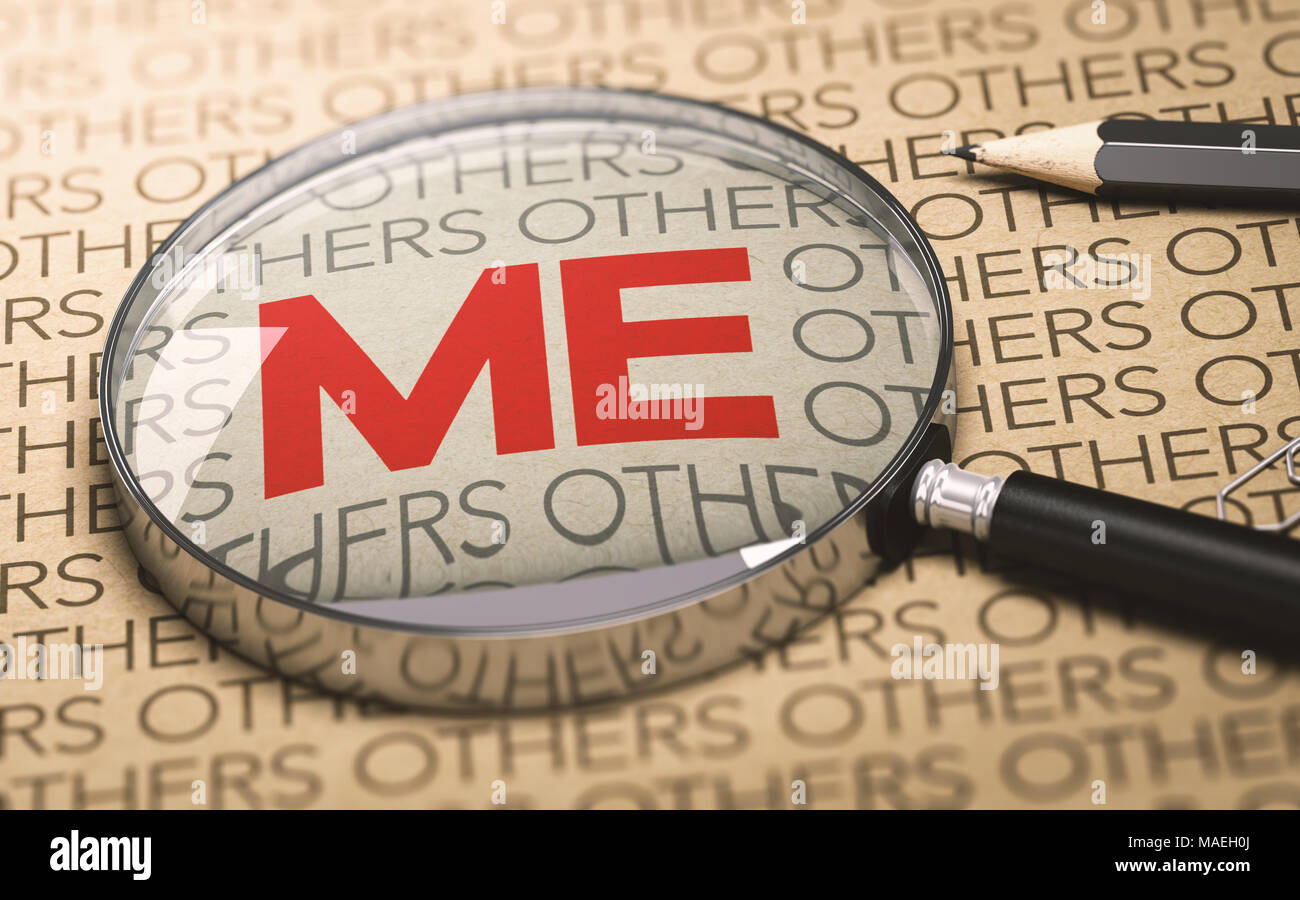 3D illustration of a magnifying glass over a paper bakground with focus on the word me. Concept of egocentrism Stock Photo