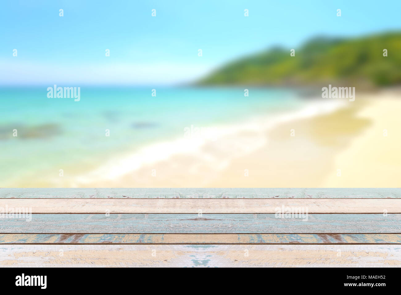 Wood Table Top With Blurred Nature Scene Tropical Beach And