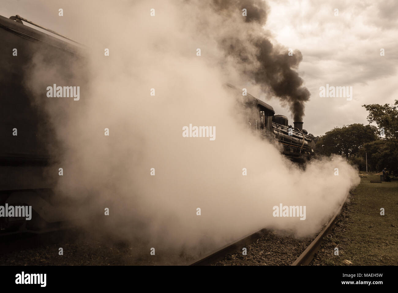 Steam train closeup exhuasts pulls out of countryside