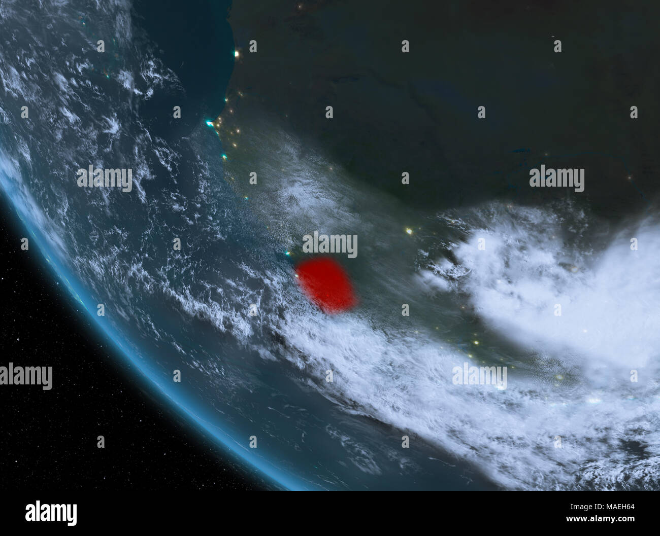 Sierra Leone at night highlighted in red on planet Earth with clouds ...