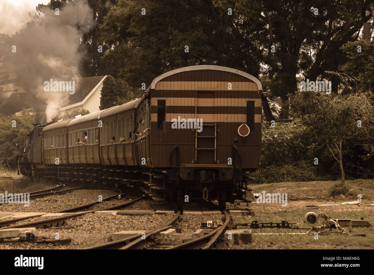 Steam train closeup exhuasts pulls out of countryside