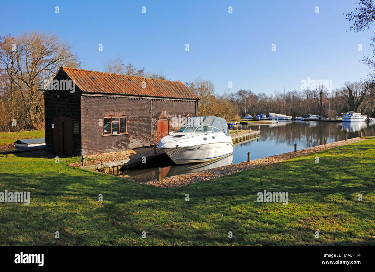 A view of Pennygate Staithe on the Norfolk Broads at Barton Turf