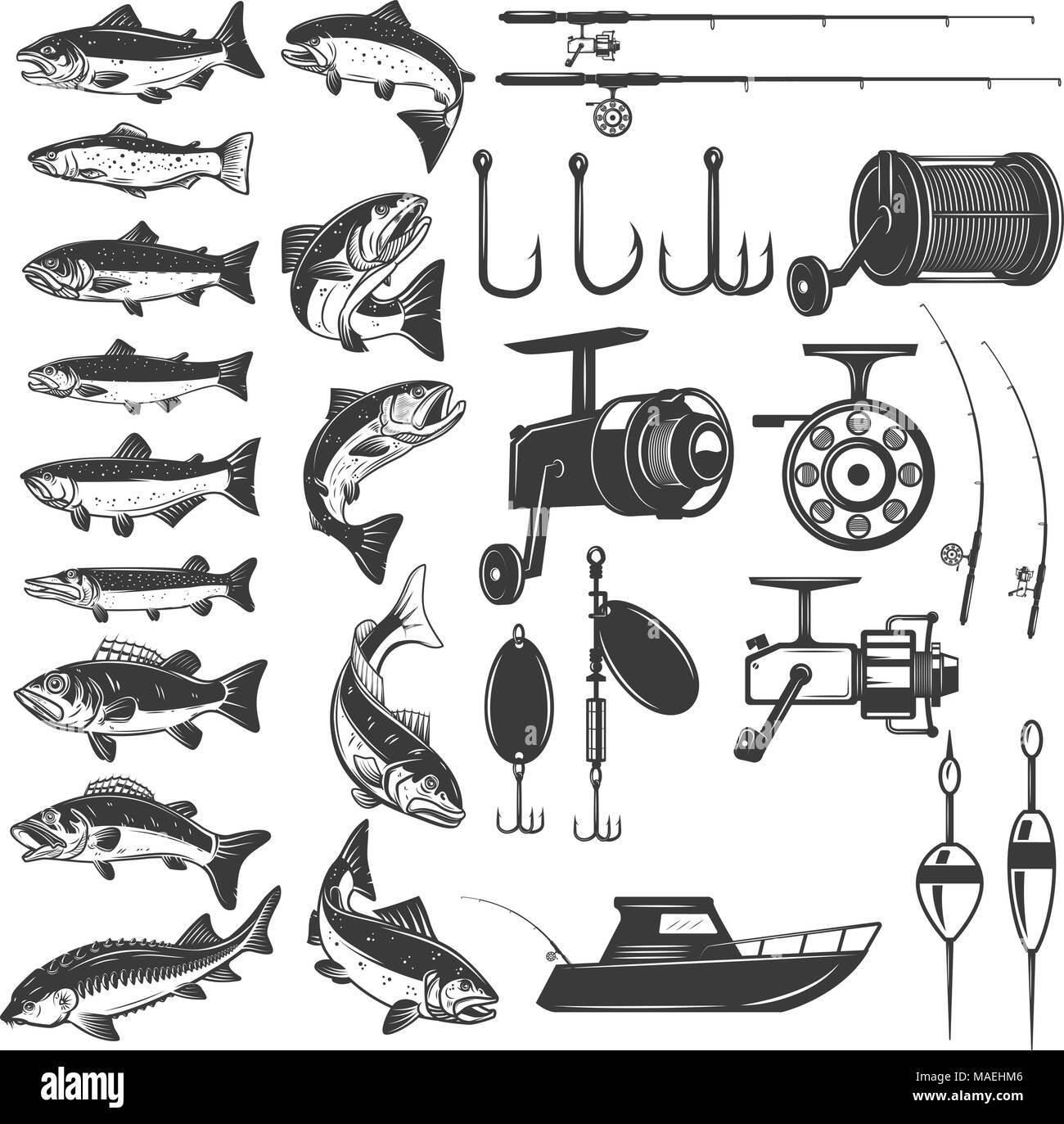 Set of fishing icons. Fish icons, fishing rods. Design element for logo