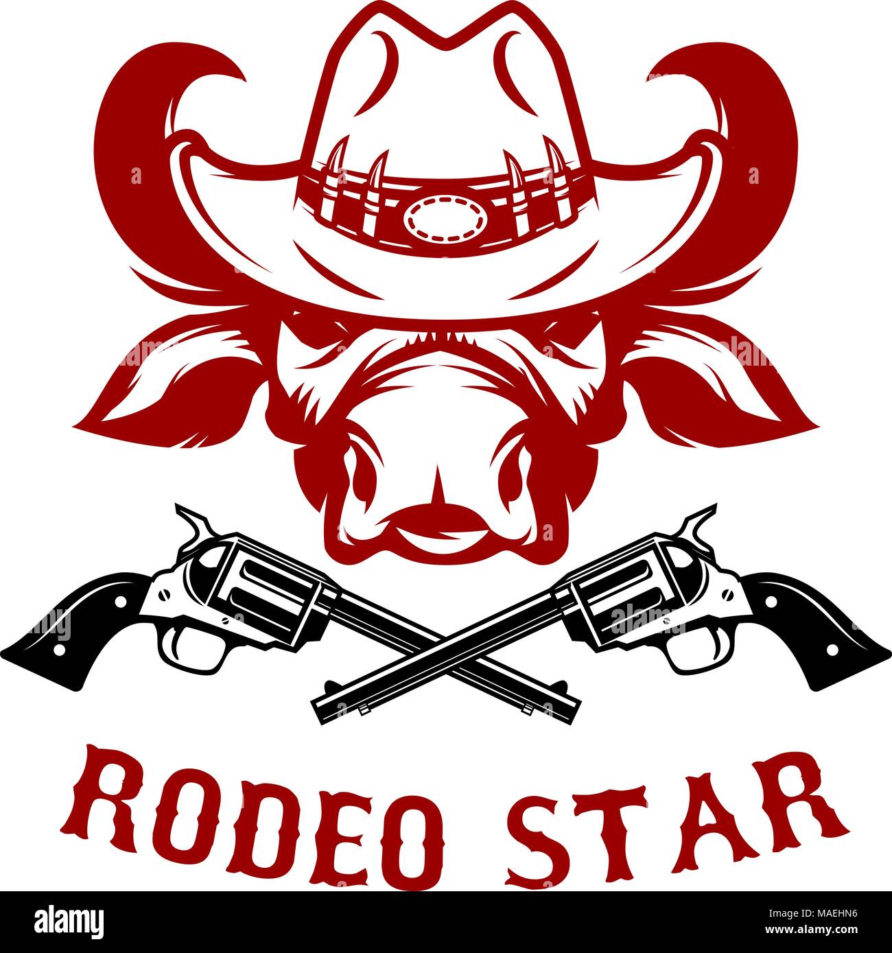 Rodeo star. Buffalo head in cowboy hat. Design element for poster, card, t shirt, emblem, sign. Vector illustration Stock Vector
