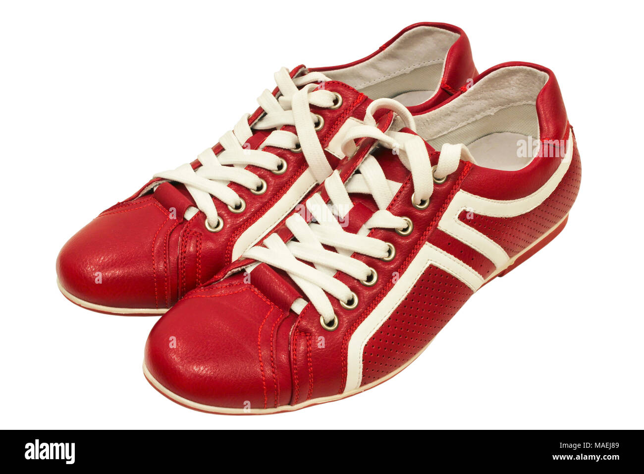 Red leather sneakers isolated on white background Stock Photo - Alamy