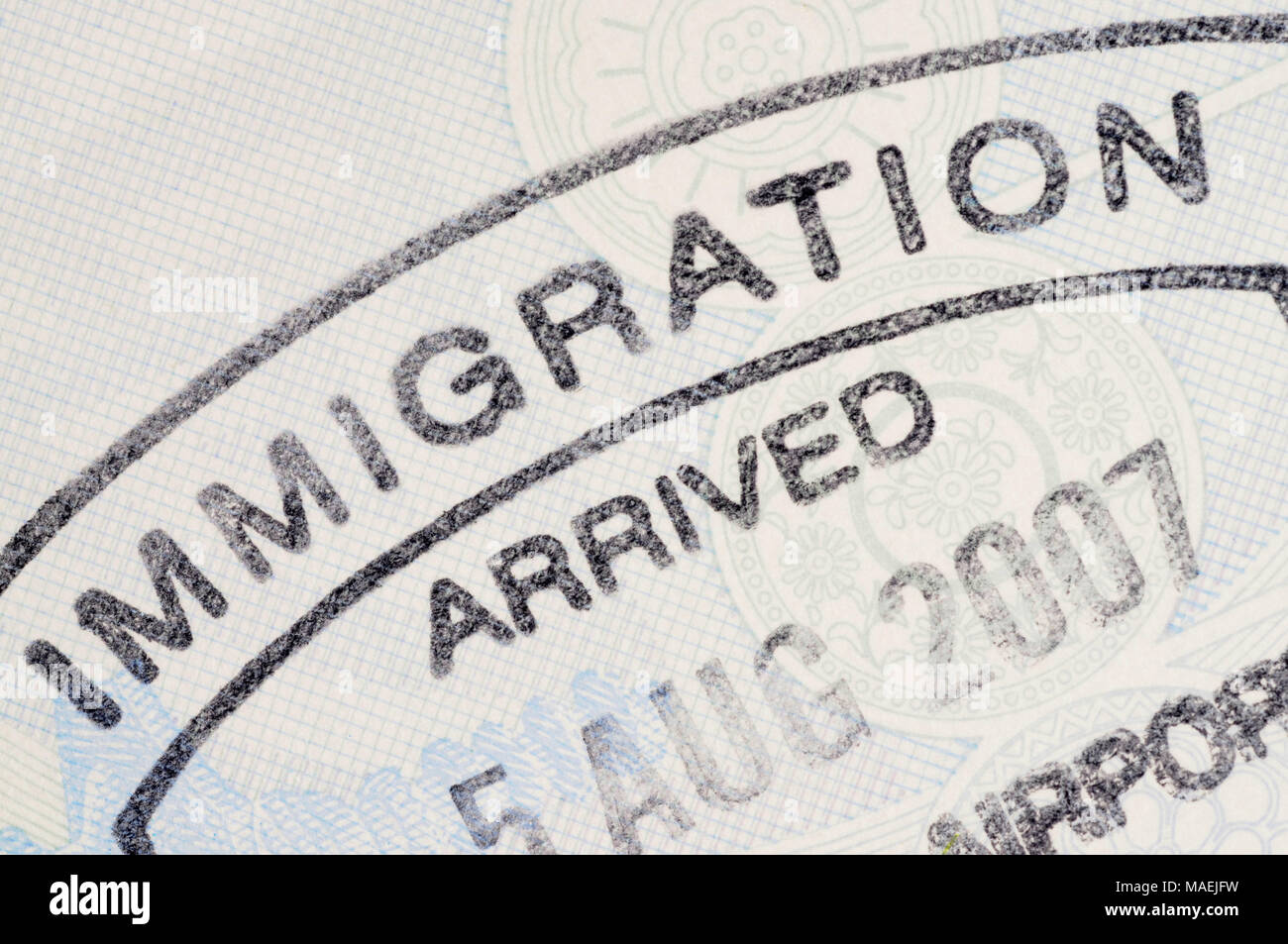 Immigration entry stamp on the inside page of a passport. Space for ...
