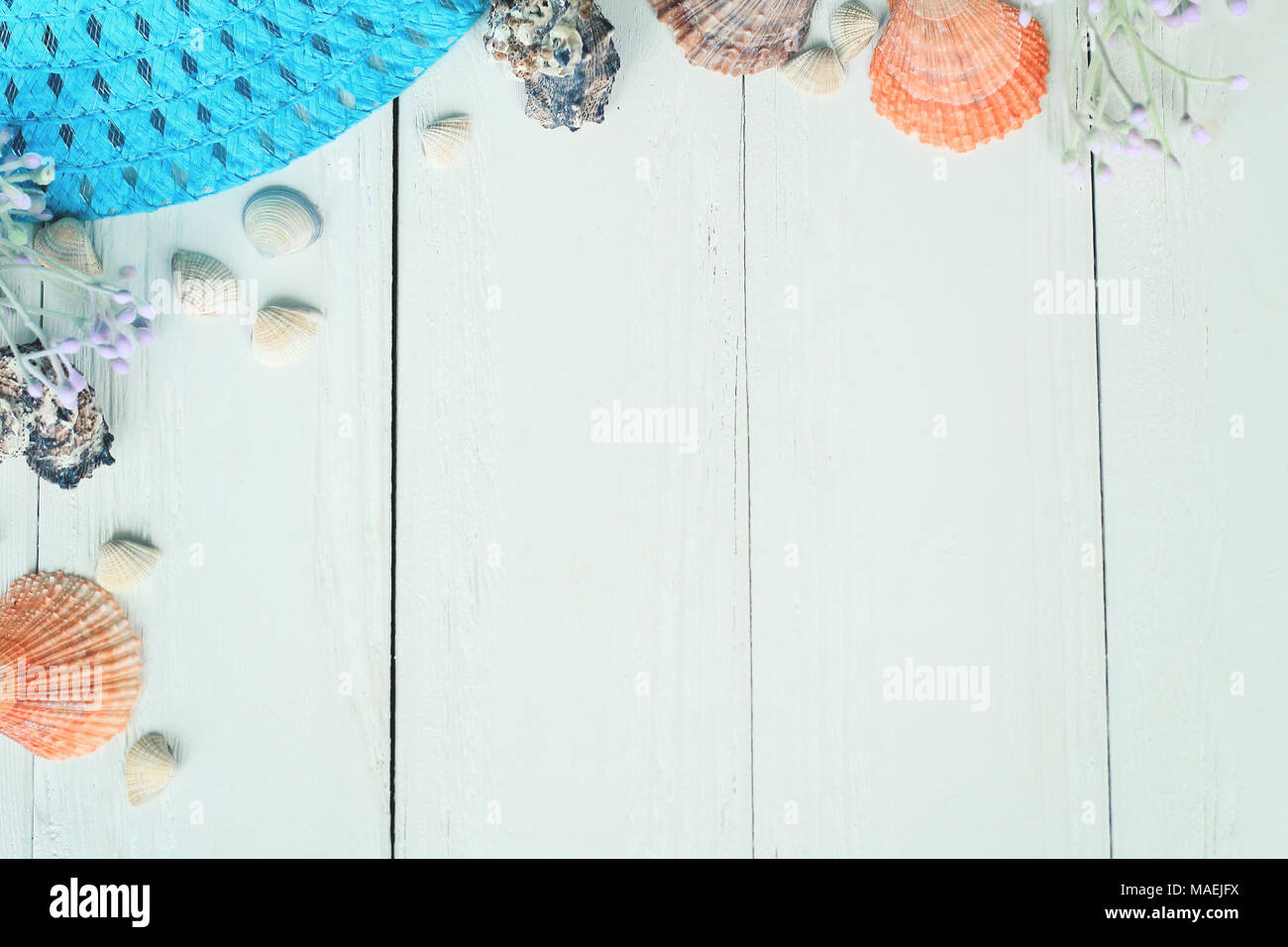 beach straw hat and seashells on a wooden background.photo with place ...