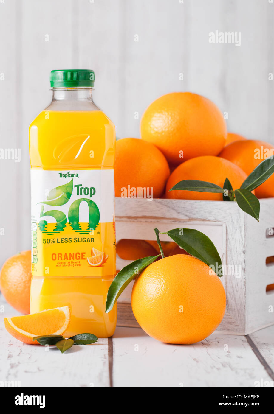 LONDON, UK MARCH 31, 2018 Pack of Fresh Tropicana Tropical Orange Juice with fresh raw
