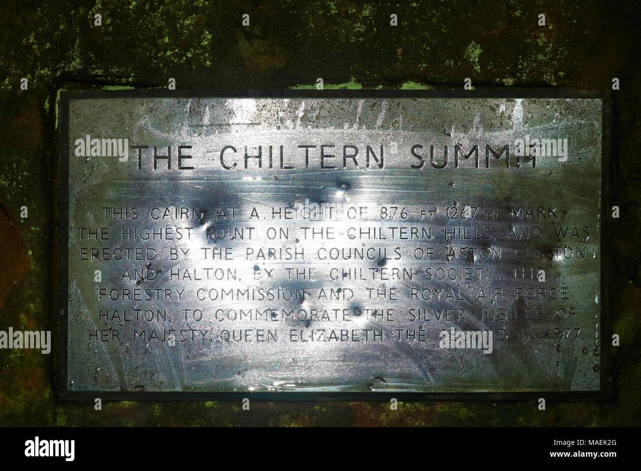 The Chiltern Summit' plaque on rocks at Wendover Woods, Wendover, Buckinghamshire, UK Stock Photo
