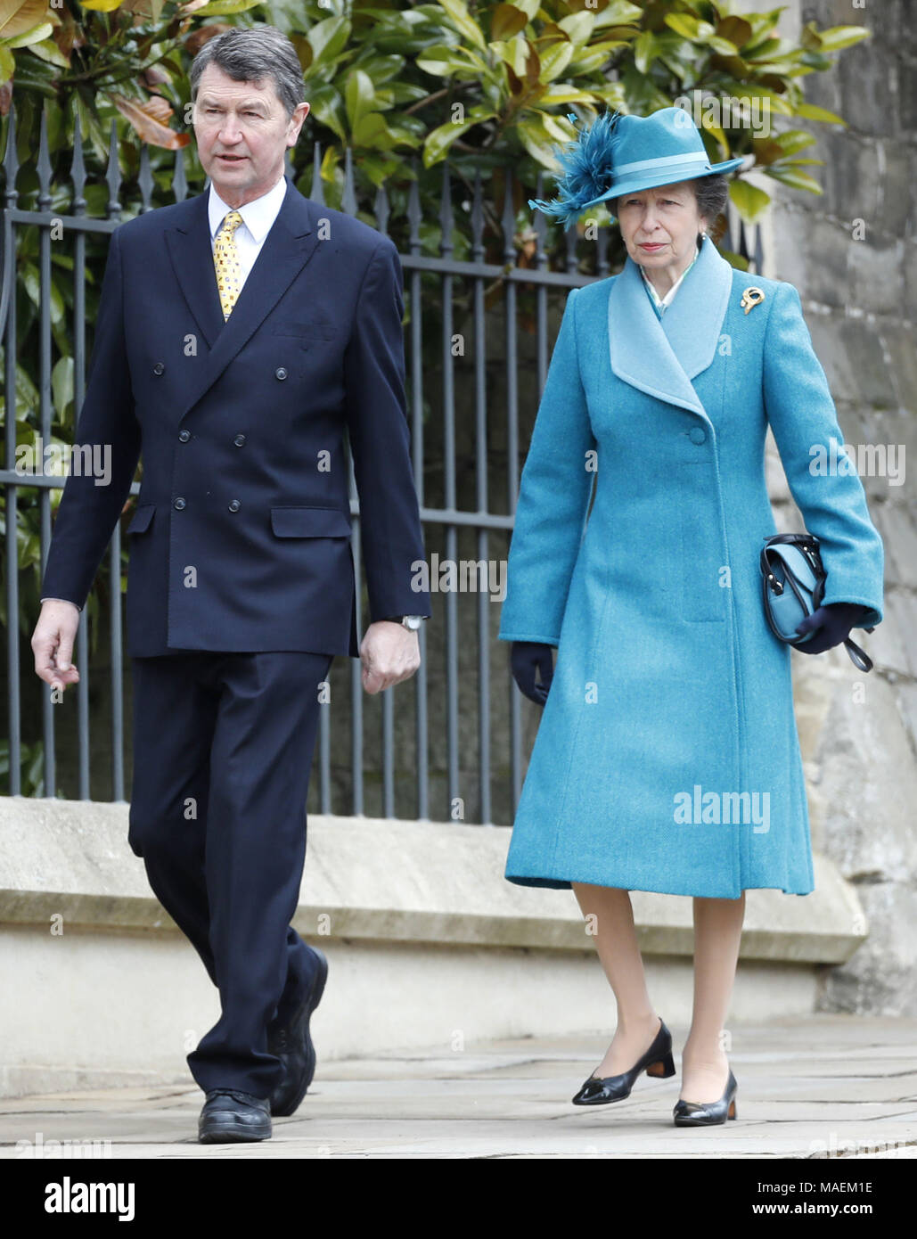 Vice Admiral Sir Timothy Laurence and the Princess Royal, arrive for the Easter Mattins Service at St George's Chapel, Windsor Castle, Windsor. Stock Photo