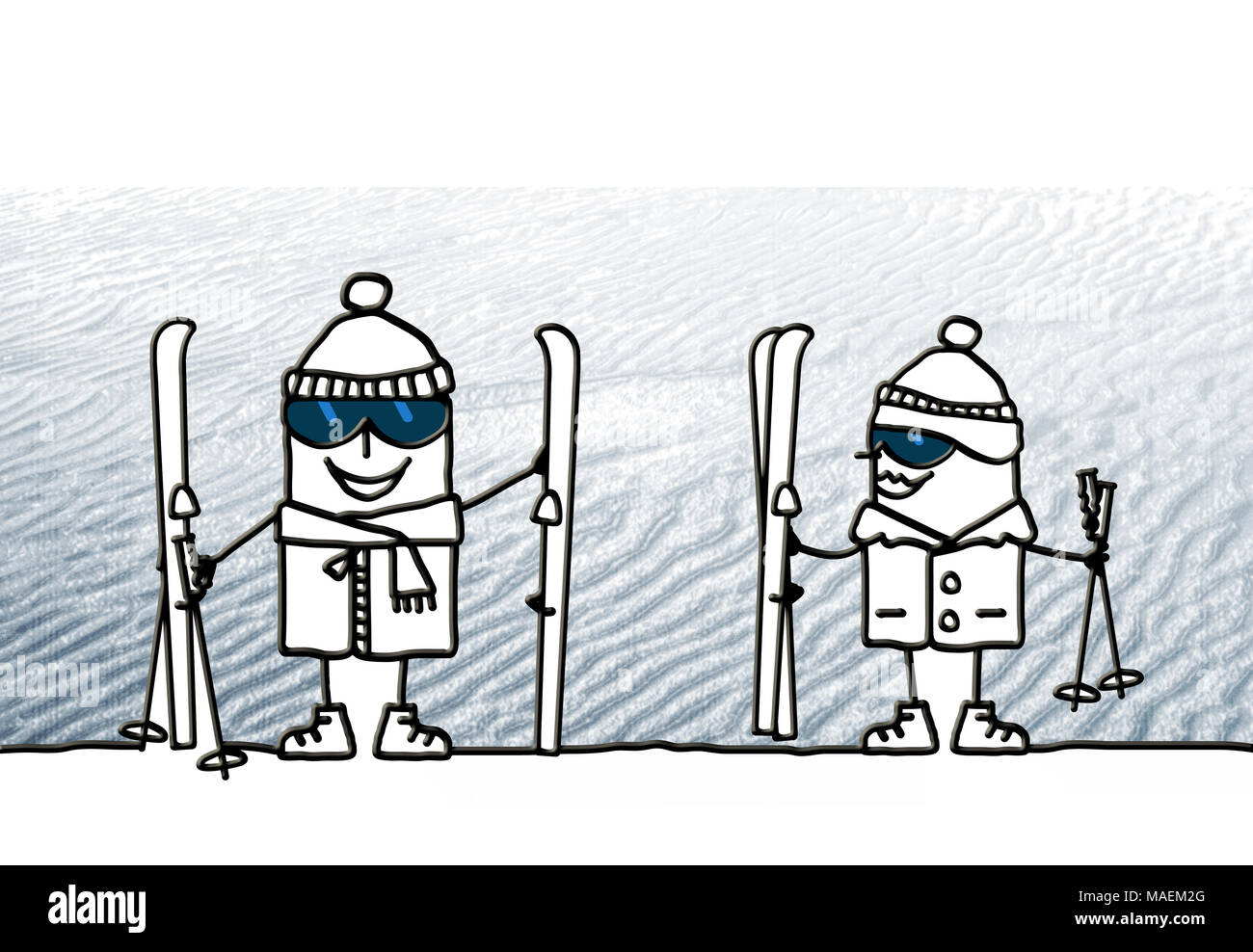 Cartoon couple ready for skiing Stock Photo