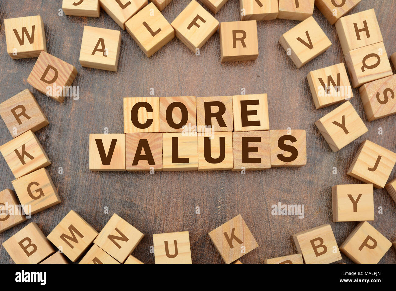 Core Values word with wooden blocks scattered around. Stock Photo
