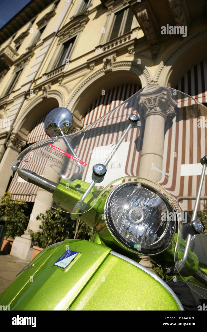 Green Piaggio Vespa motor scooter, Turin, Italy. Stock Photo