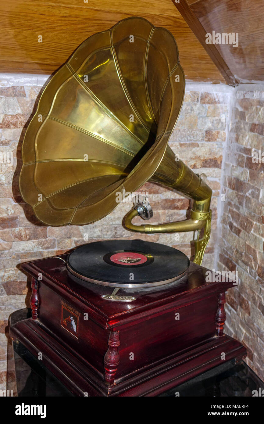 His Masters Voice Gramophone player with brass trumpet, HMV Stock Photo -  Alamy