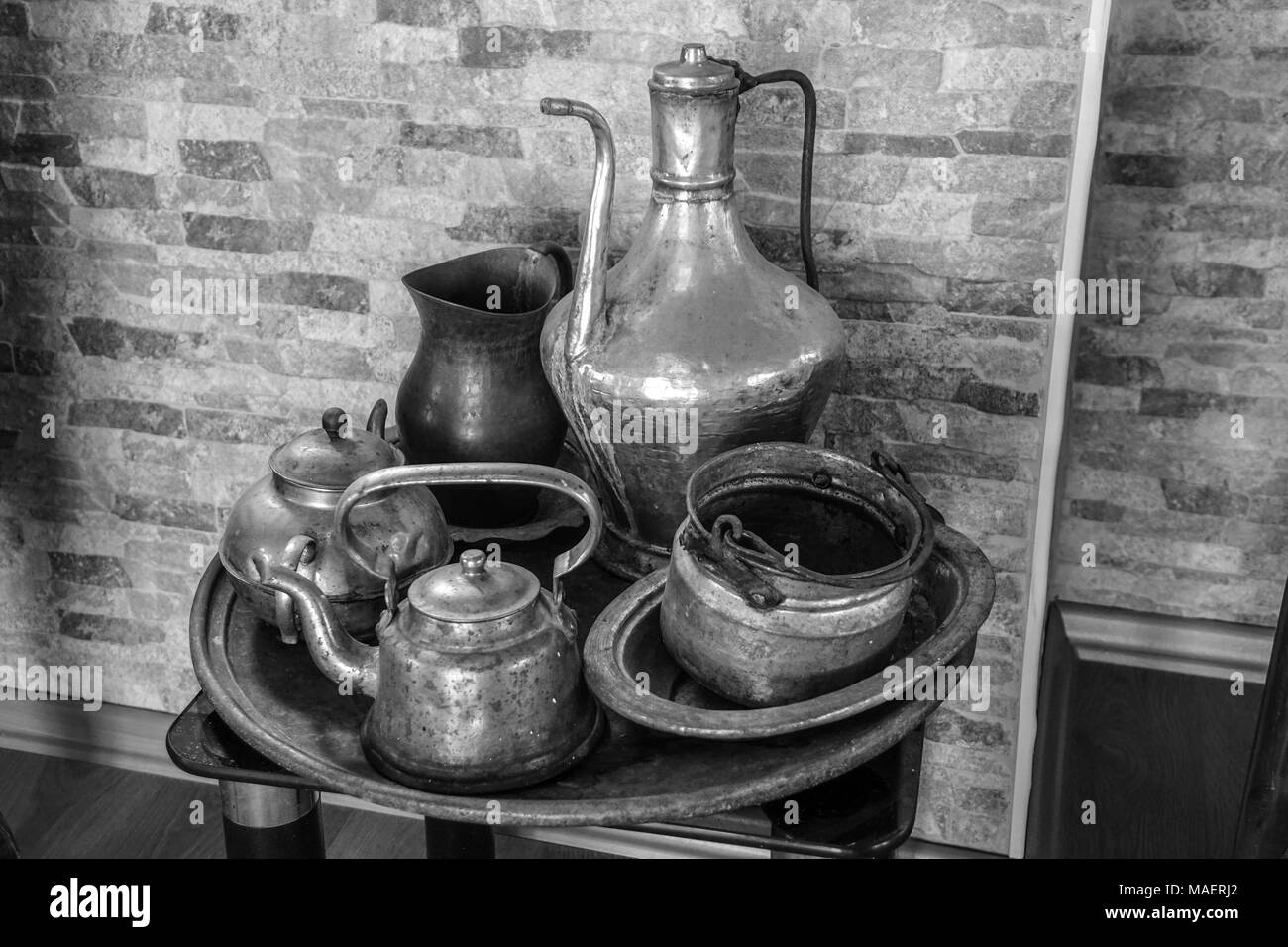Antique Turkish metal tea set, aluminium, kettle and teapot Stock Photo