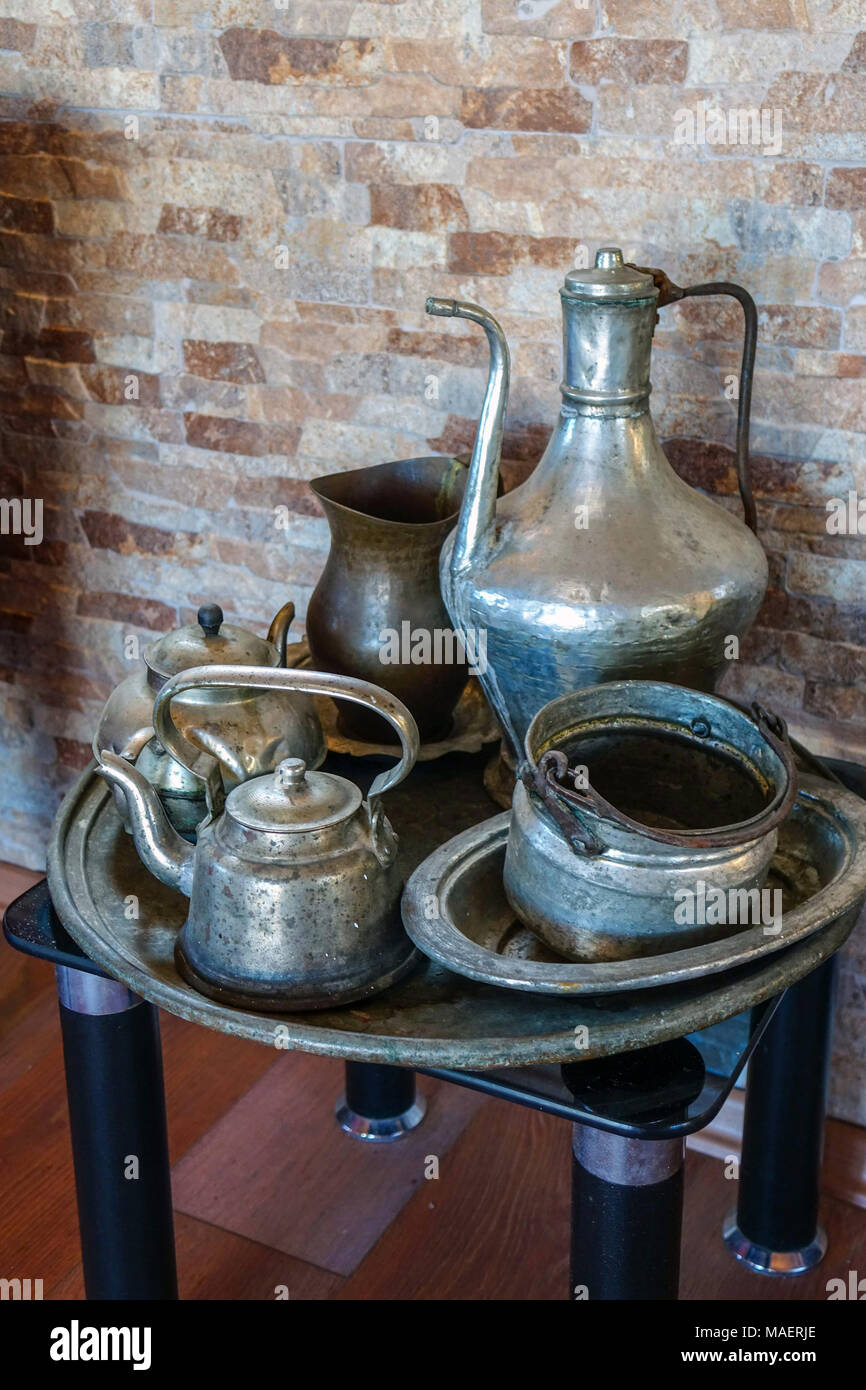 Antique Turkish metal tea set, aluminium, kettle and teapot Stock Photo