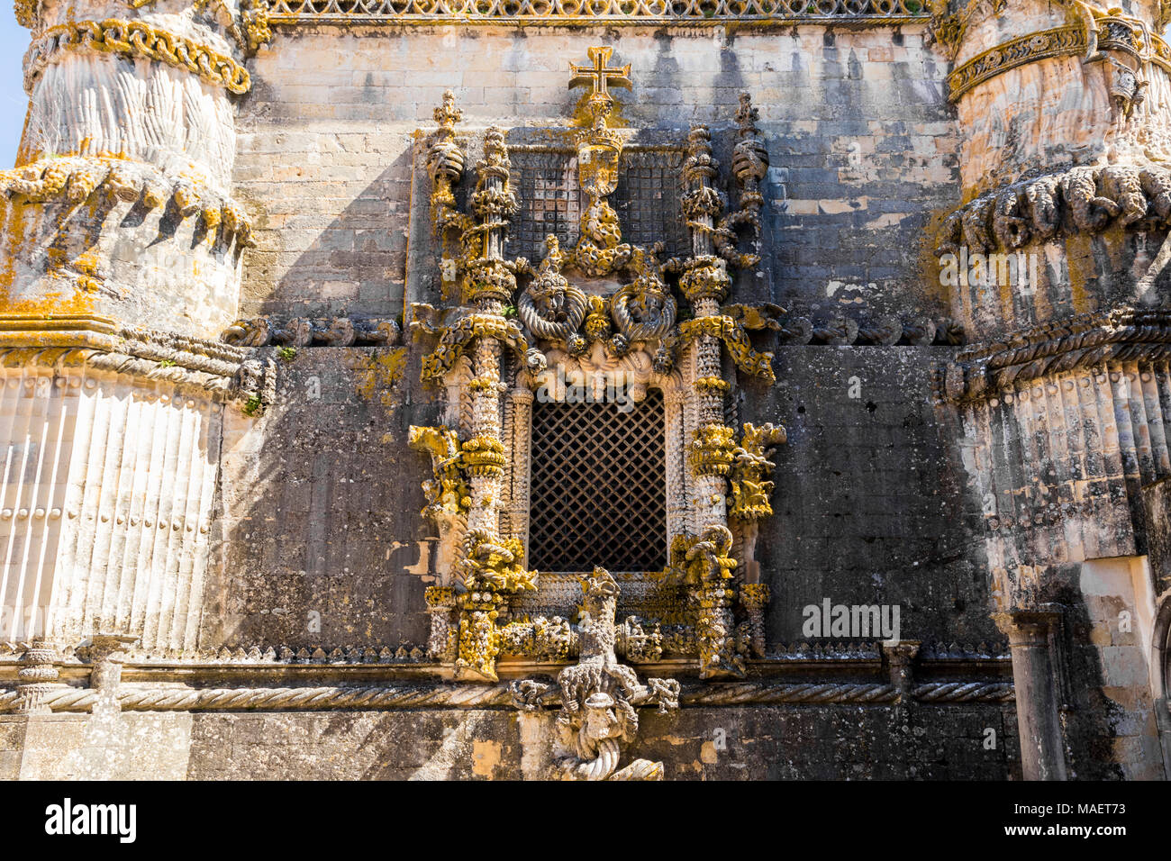 The famous chapterhouse window of the Convent of Christ in Tomar, Portugal, a well-known example of Manueline style. A World Heritage Site since 1983 Stock Photo