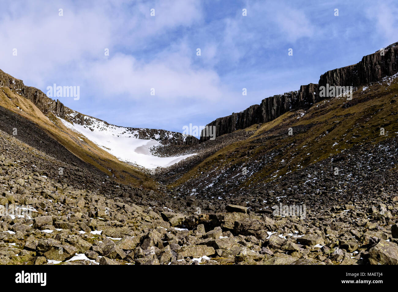 Bolder field, snow field and whin will edge at the head of High Cup Gill. Stock Photo