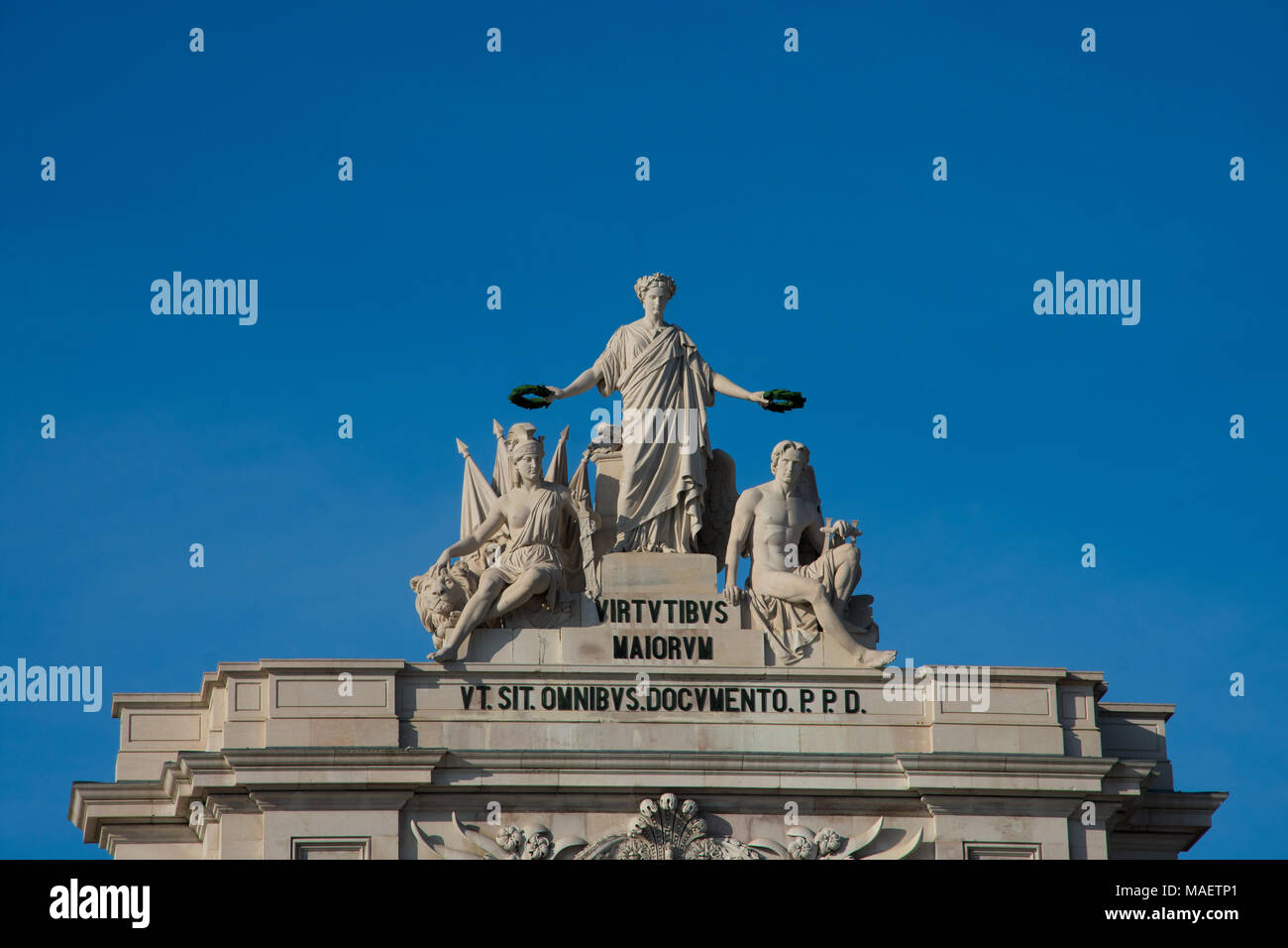 Lisbon. Portugal. January 23, 2018.  Statue of Glory rewarding Valor and Genius. Rua Augusta Arch (Arco da Rua Augusta) at Commerce Square (Praca do C Stock Photo