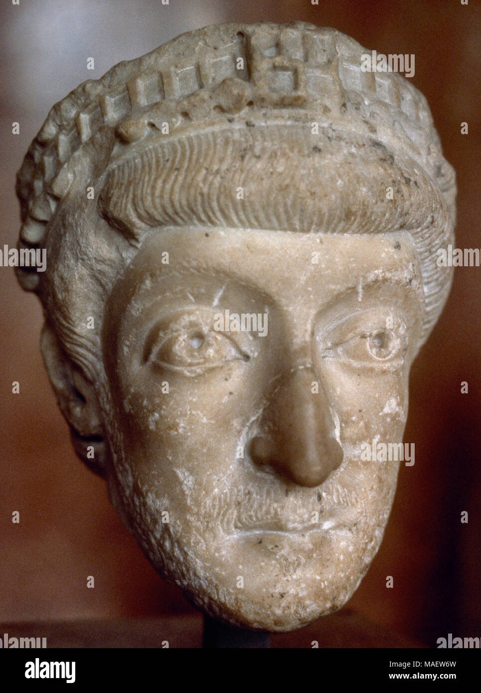 Theodosius II (401-450). Eastern Roman Emperor from 408 to 450. Bust. Marble, ca. 440 d.C. Louvre Museum, Paris, France. Stock Photo