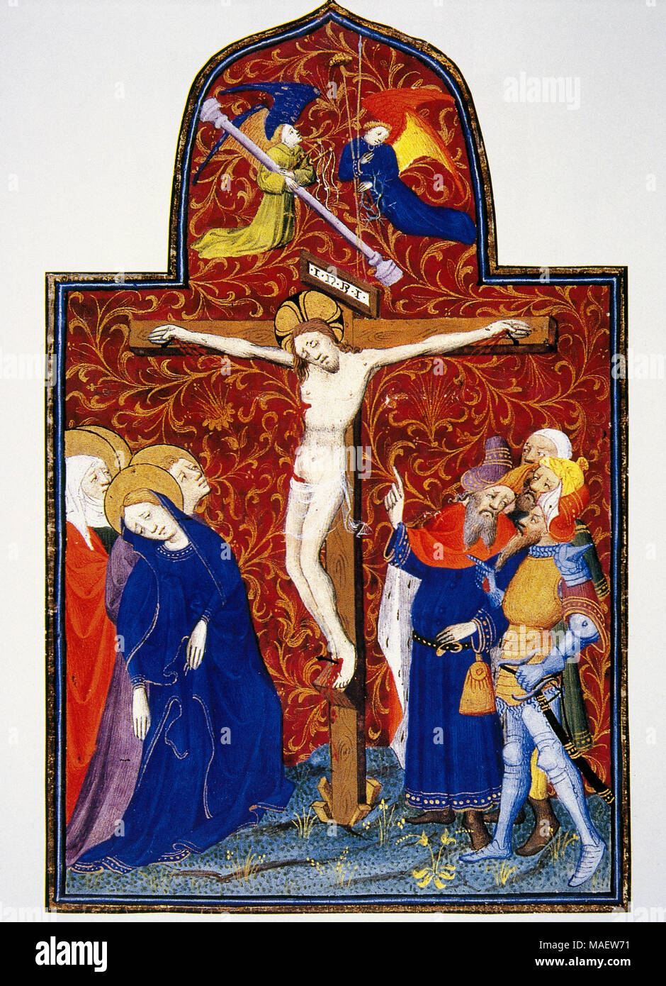 Jesuchrist crucified and two angels, one of them carrying a crown of thorns and the other one with an instrument of torture. The Virgin Mary is crying at the foot of the cross. Miniature from a Book of hours, 14th century. Conde Museum. Chateau of Chantilly. France. Stock Photo