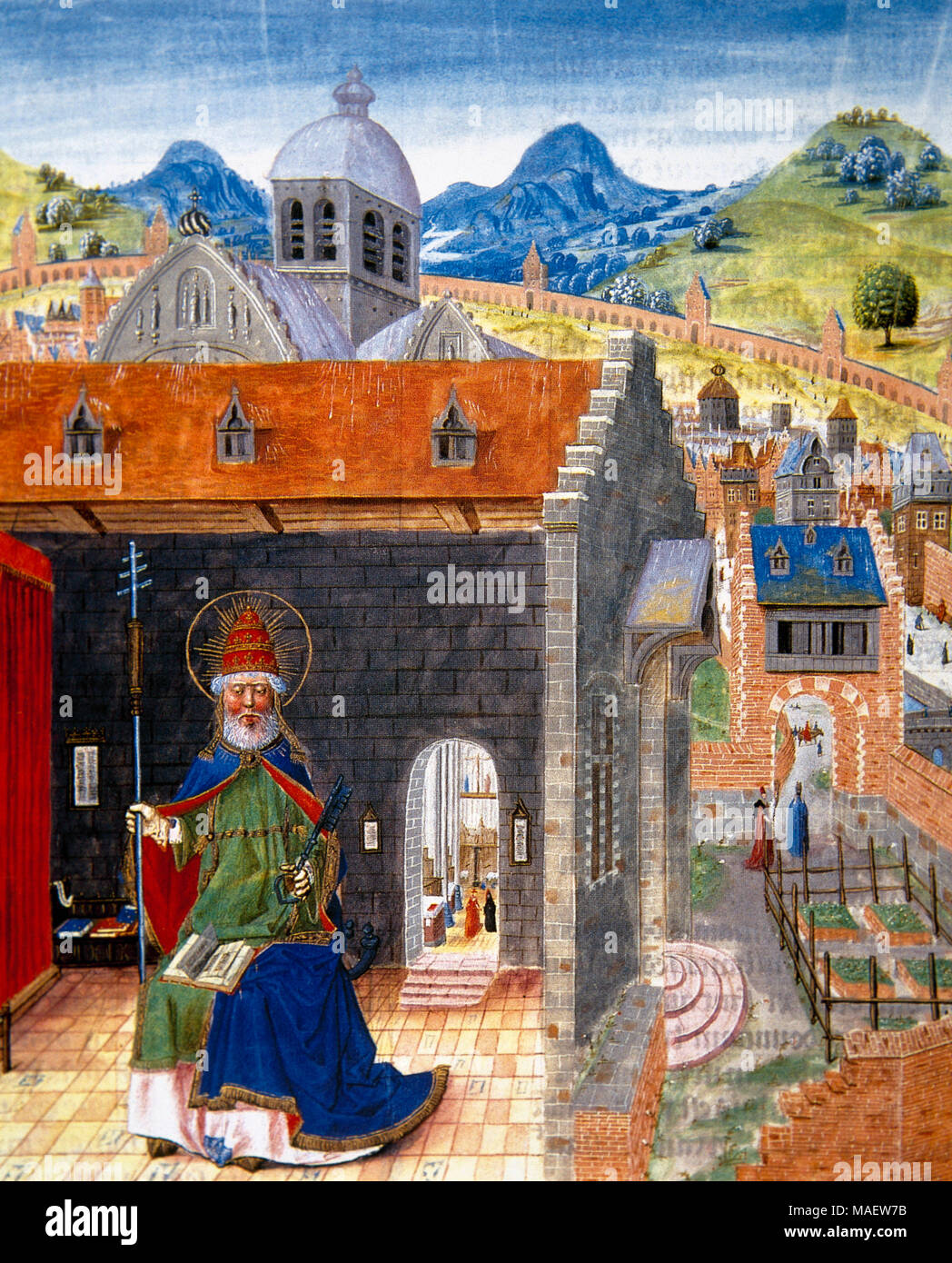 Liber Floridus (Book of Flowers). Medieval encyclopedia, 1090-1120 by Lambert, Canon of Saint-Omer. Miniature depicting Saint Peter and the city of Rome. Manuscript of the15th century. Conde Museum. Chateau of Chantilly. France. Stock Photo