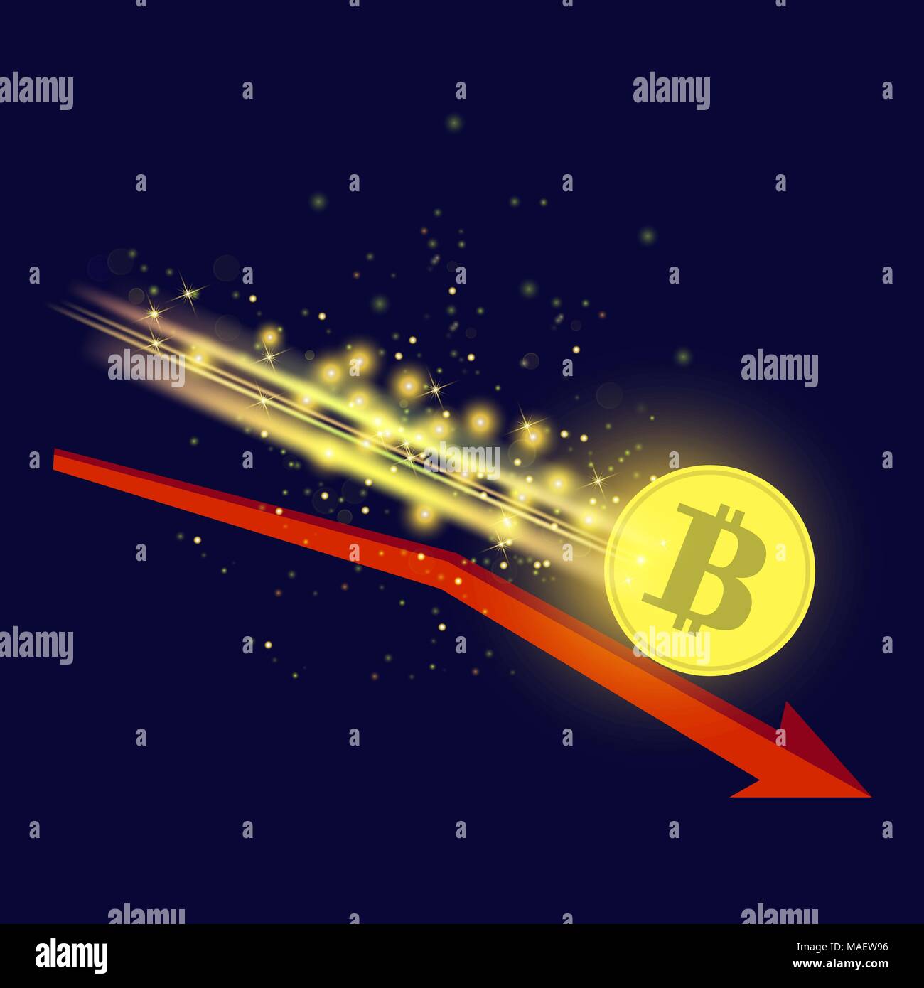 Gold Bitcoin Icon and Red Arrow Stock Vector