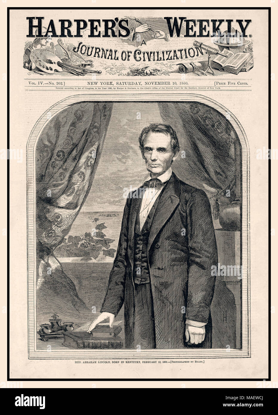 Harper's Weekly based this 1860 inaugural illustration of Lincoln on a photograph by Mathew Brady, the portrait photographer who documented the Civil War and paved the way for photojournalism. Until the 1870s, newspapers lacked the technology to publish photos. To create illustrations such as this one of Lincoln, artisans carved 'woodcut' designs into blocks of wood, which were then set with the rest of the page type for printing. Stock Photo