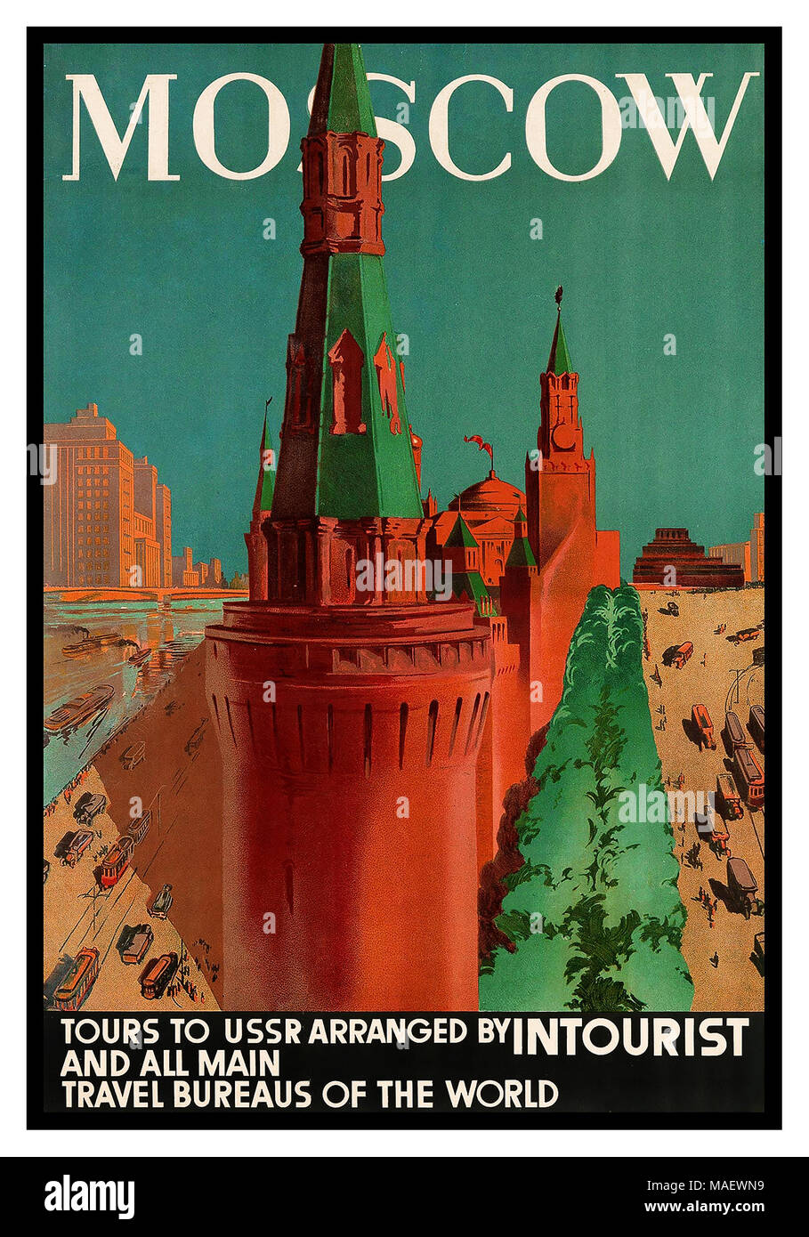 Vintage Russian Travel Poster Moscow / Intourist travel agency circa 1930s. Stock Photo