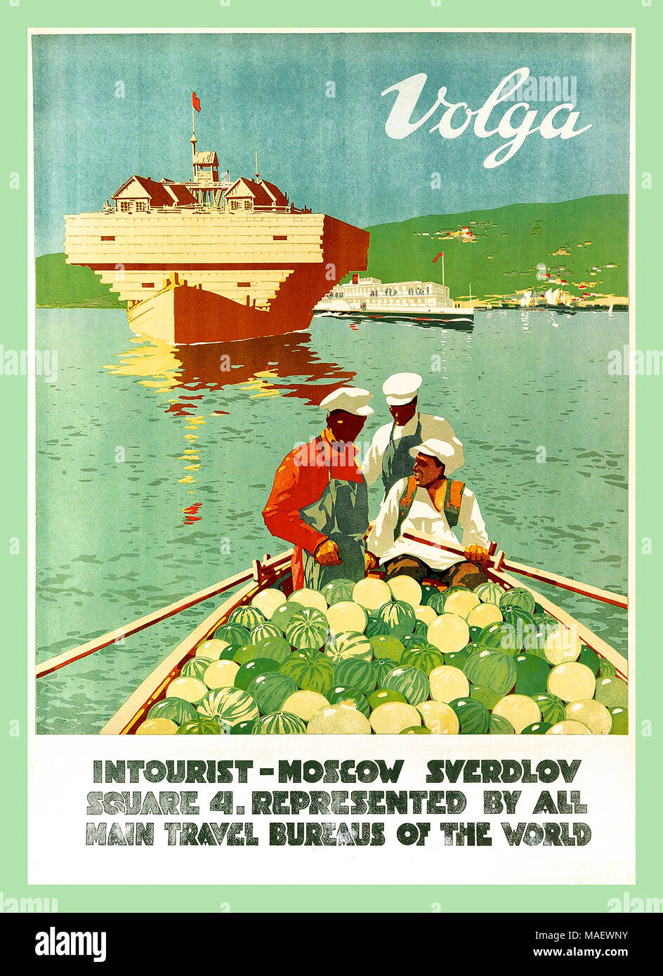 Vintage 1932 Soviet Union Travel Poster by state agency Intourist for The River Volga Cruise USSR Stock Photo
