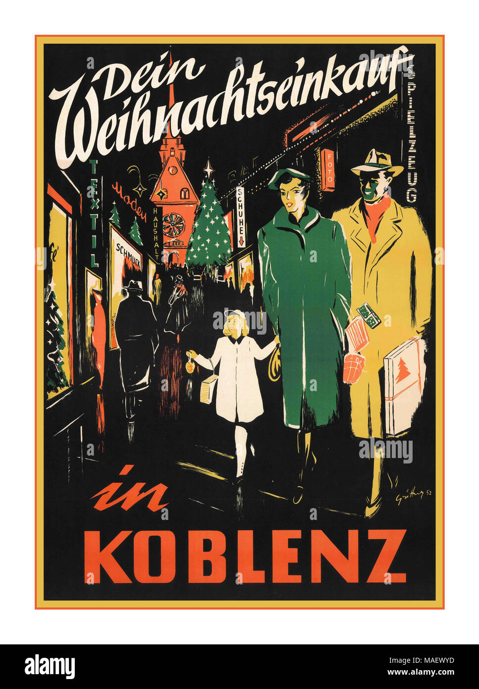 Vintage Travel Poster Dein Weihnachtseinkauf in Koblenz, 1952 Graphik: Emil Grüttner. Stock Photo