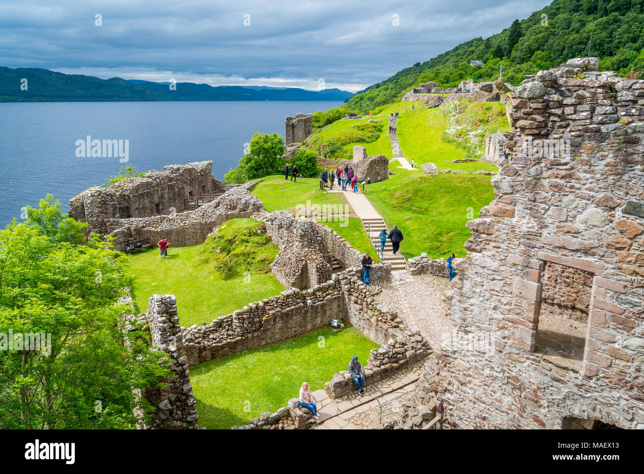 Urquhart Castle and Loch Ness in the Scottish Highlands. Stock Photo