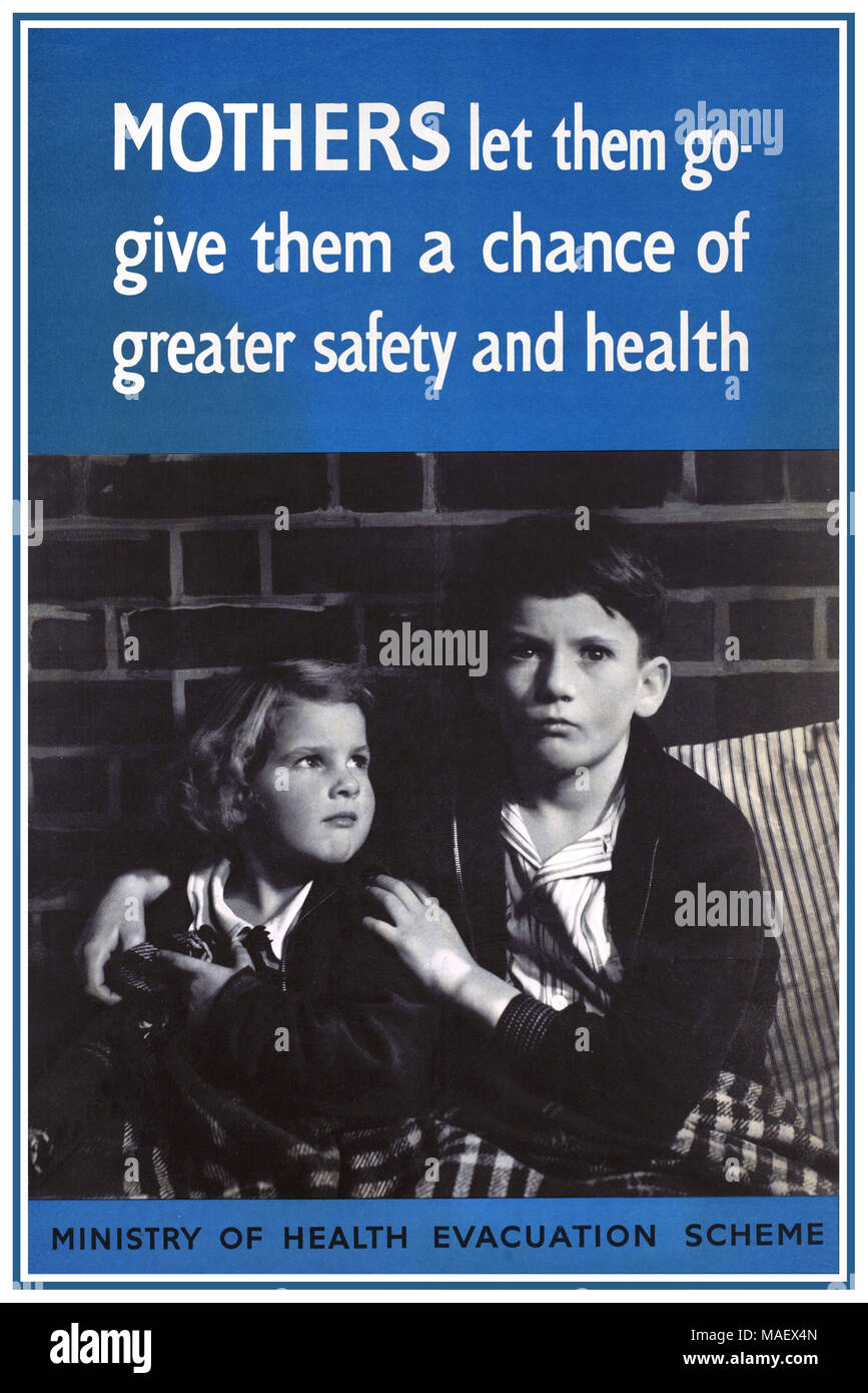 1940's Second World War WW2 Propaganda Information Poster - part of a series urging Britains to take evacuation seriously and send their children out of the city to safety. Young boy and girl, sitting against the brick wall of an air raid shelter, wrapped in a thick blanket. The boy holds his right arm protectively around the younger girl. MOTHERS let them go- give them a chance of greater safety and health MINISTRY OF HEALTH EVACUATION SCHEME Stock Photo