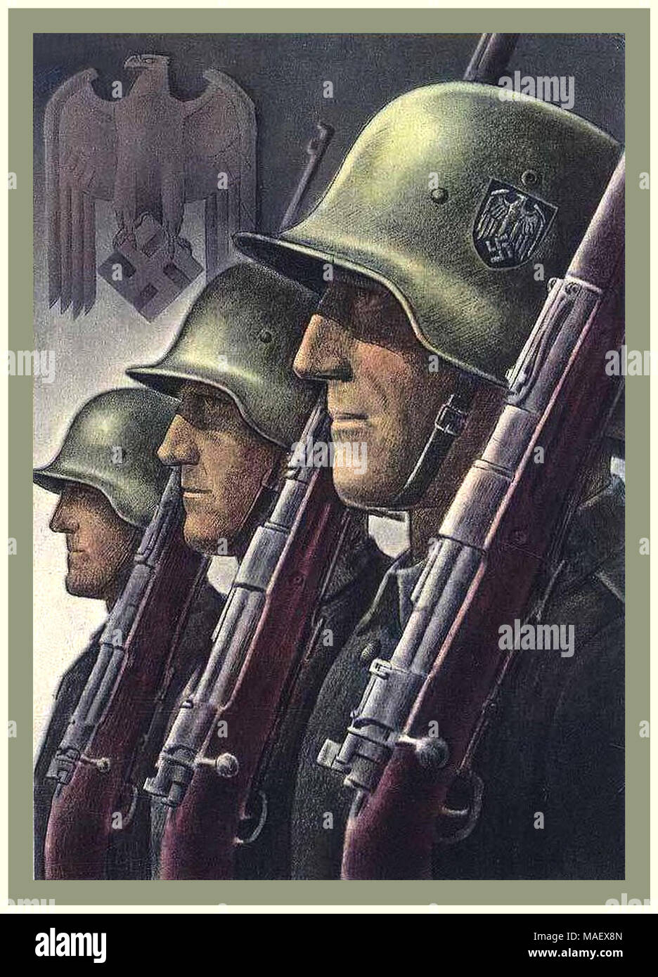 Vintage 1940's Nazi Germany WW2 Propaganda Wehrmacht Army Soldier Military Recruitment Poster with Eagle and Swastika emblem Stock Photo