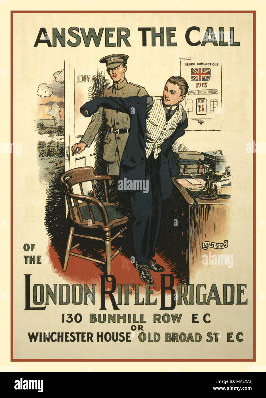Vintage 1915 UK WW1 Lithograph Recruitment Poster 'Answer the call of the London Rifle Brigade' Poster showing civilian rising from his desk and putting on his coat, as a British Army man in uniform opens the office door to reveal a World War 1 battlefield    Notes: 130 Bunhill Row EC or Winchester House, Old Broad St. EC.; Byam Shaw.; Title from item. Date1915 Stock Photo