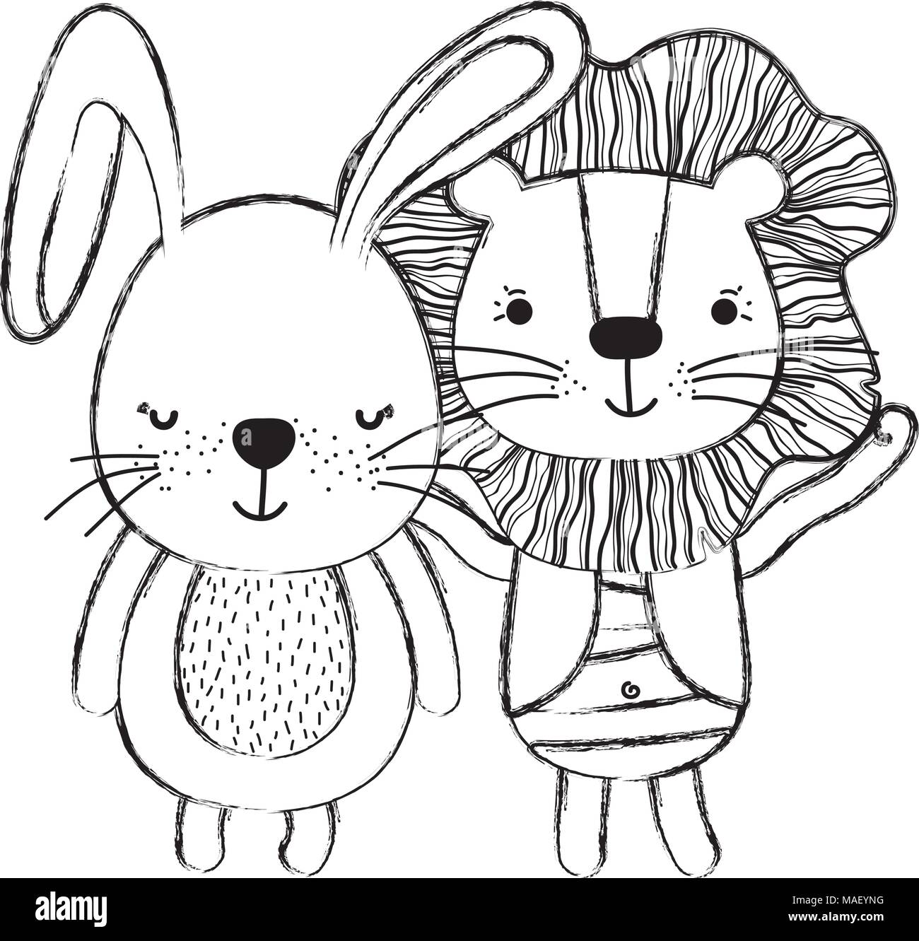 grunge cute rabbit and lion animals friends vector illustration Stock ...