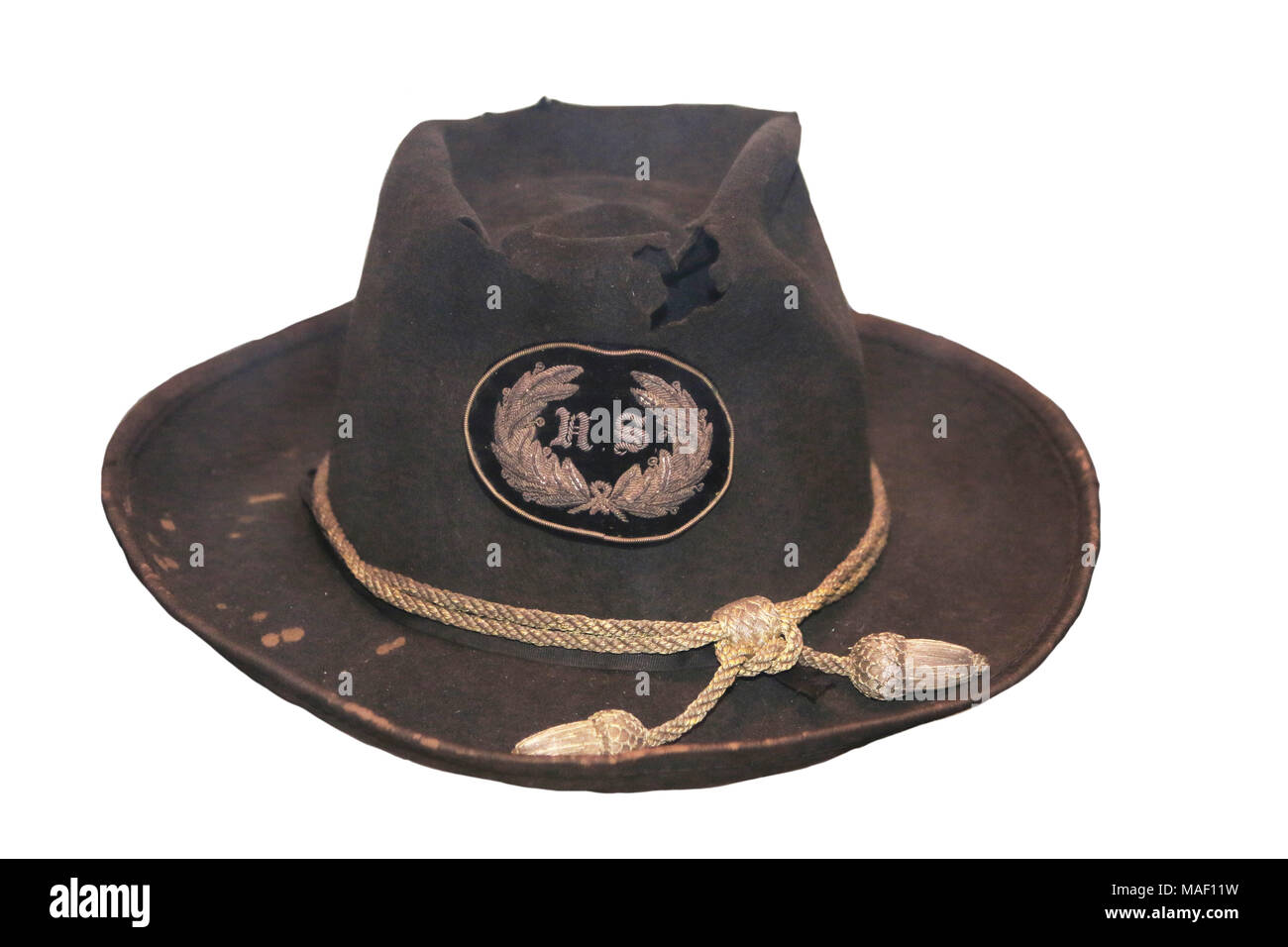 American Civil War: Slouch hat with staff insignia and gold General's cords worn by Major General William Tecumseh Sherman. Smithsonian Institute Stock Photo