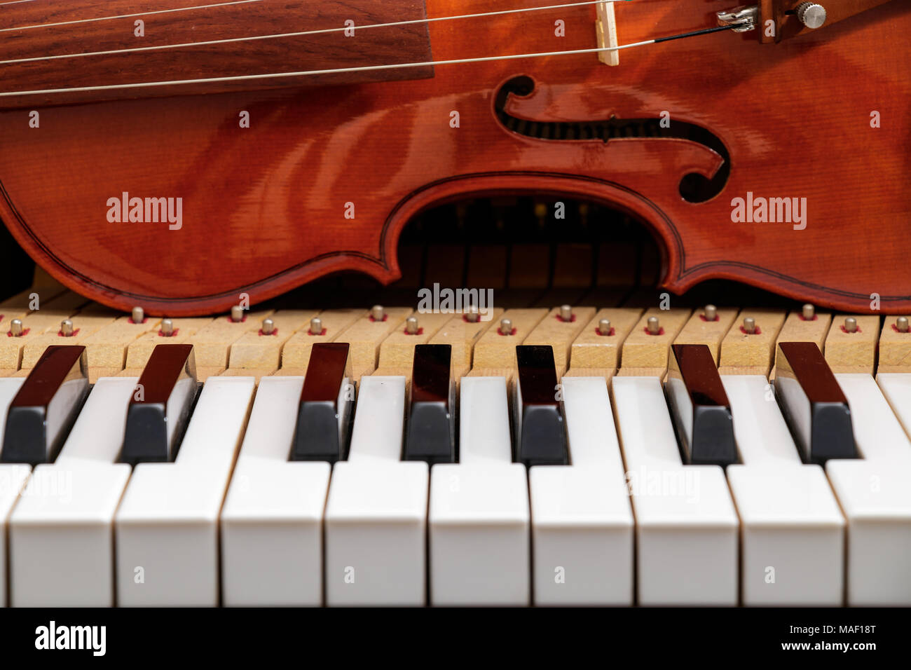 violin on the piano black and white keyboard background Stock Photo
