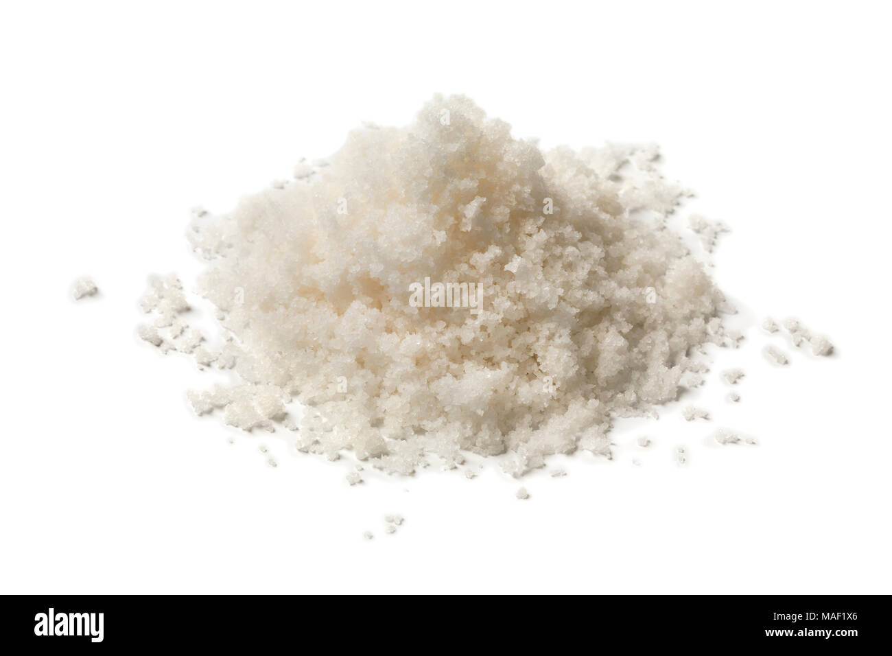 Heap of fine ground sea salt isolated on white background Stock Photo