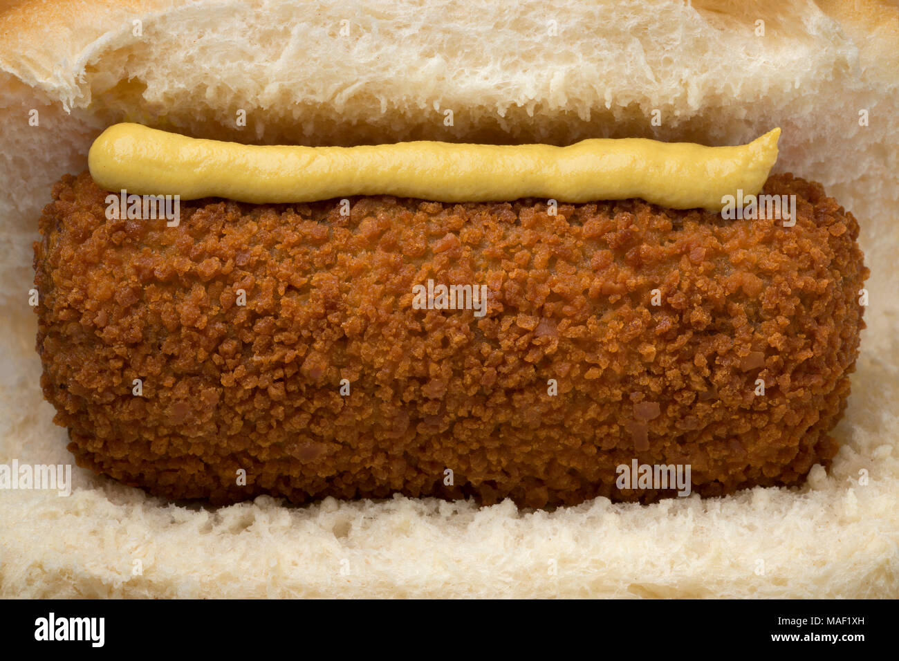 Traditional white bun with a Dutch kroket and mustard, called broodje kroket Stock Photo