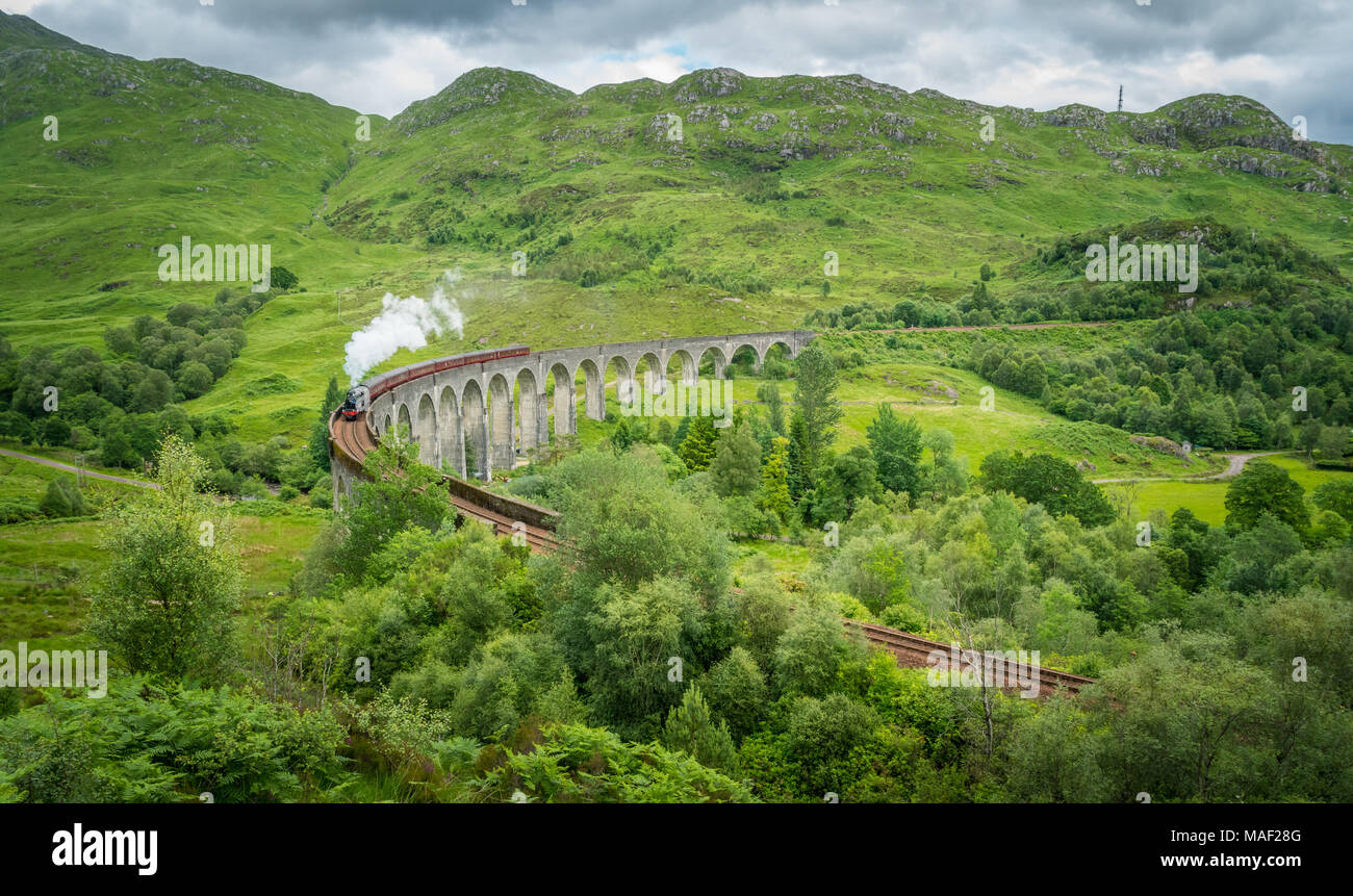 Glenfinnan Railway Viaduct with the Jacobite steam, in Lochaber area of the Highlands of Scotland. Stock Photo