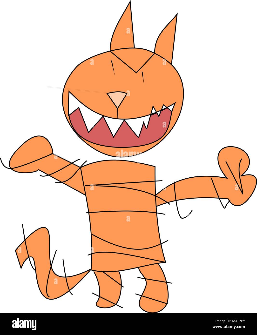 Gato loco malvado dibujado al estilo de un niño pequeño. Sonrisa diabólica color naranja aunque personalizable. Stock Vector