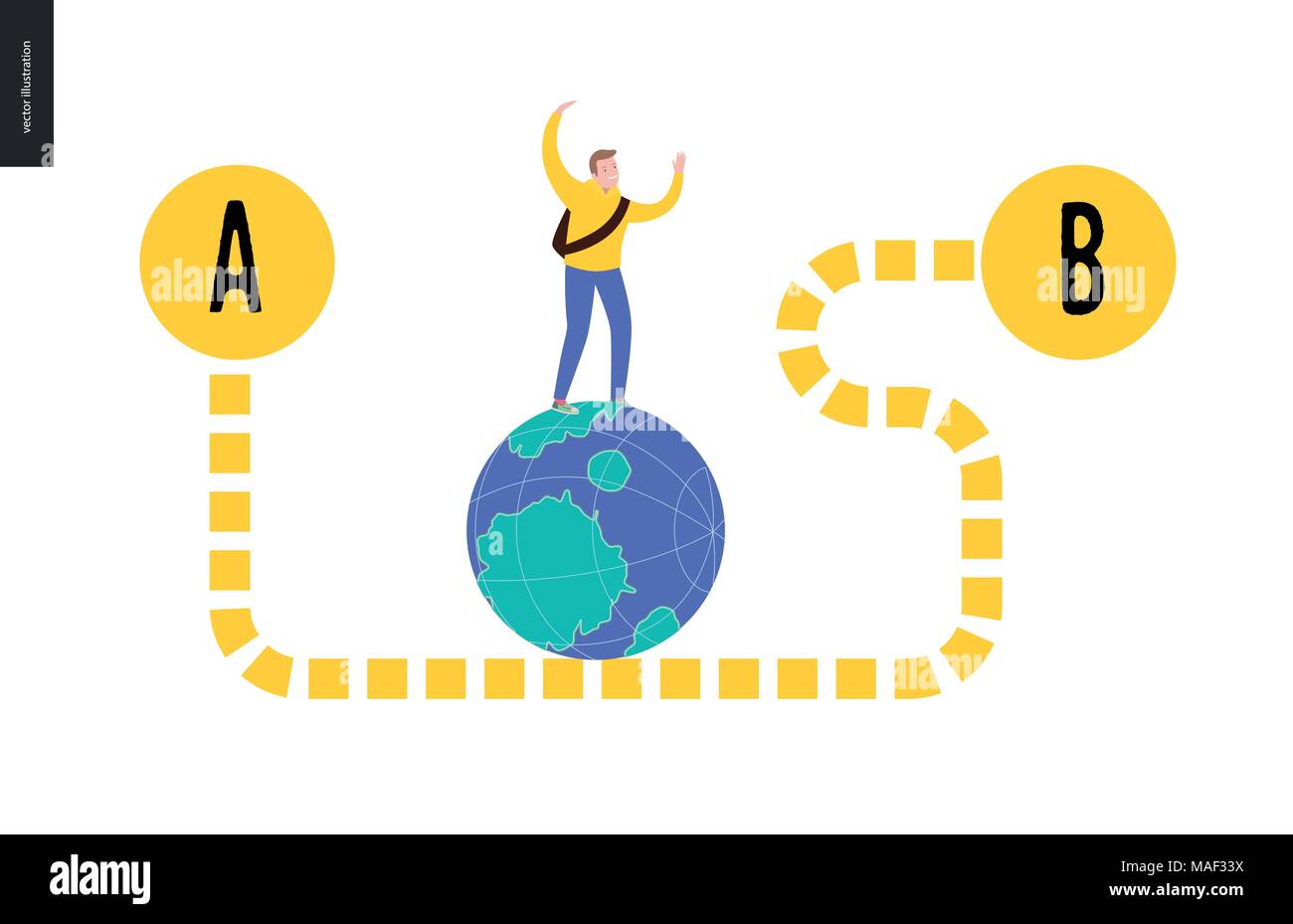 From point A to point B problem, a transportation concept - a young male traveller walking on the globe by the dashed curved way Stock Vector