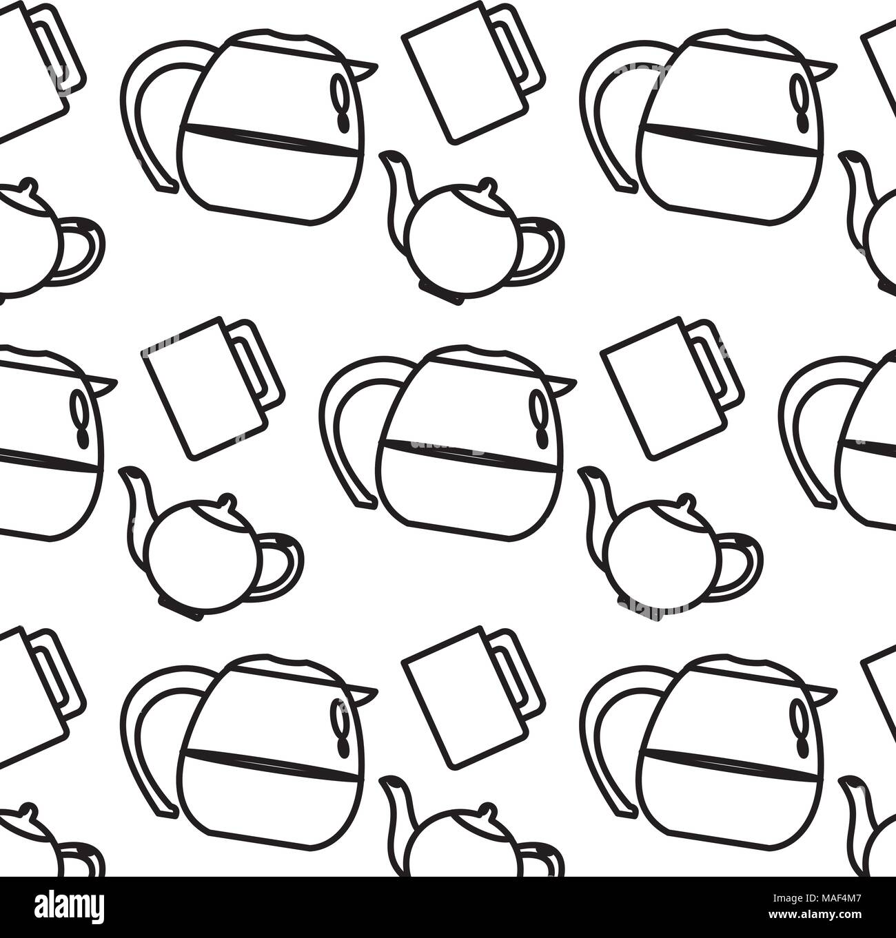 line coffee jar with hot cup and teapot background vector illustration